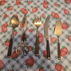 5PC Vtg Thailand Siam Brass Bronze Teak Handle Severware Mid 20th Century Classy